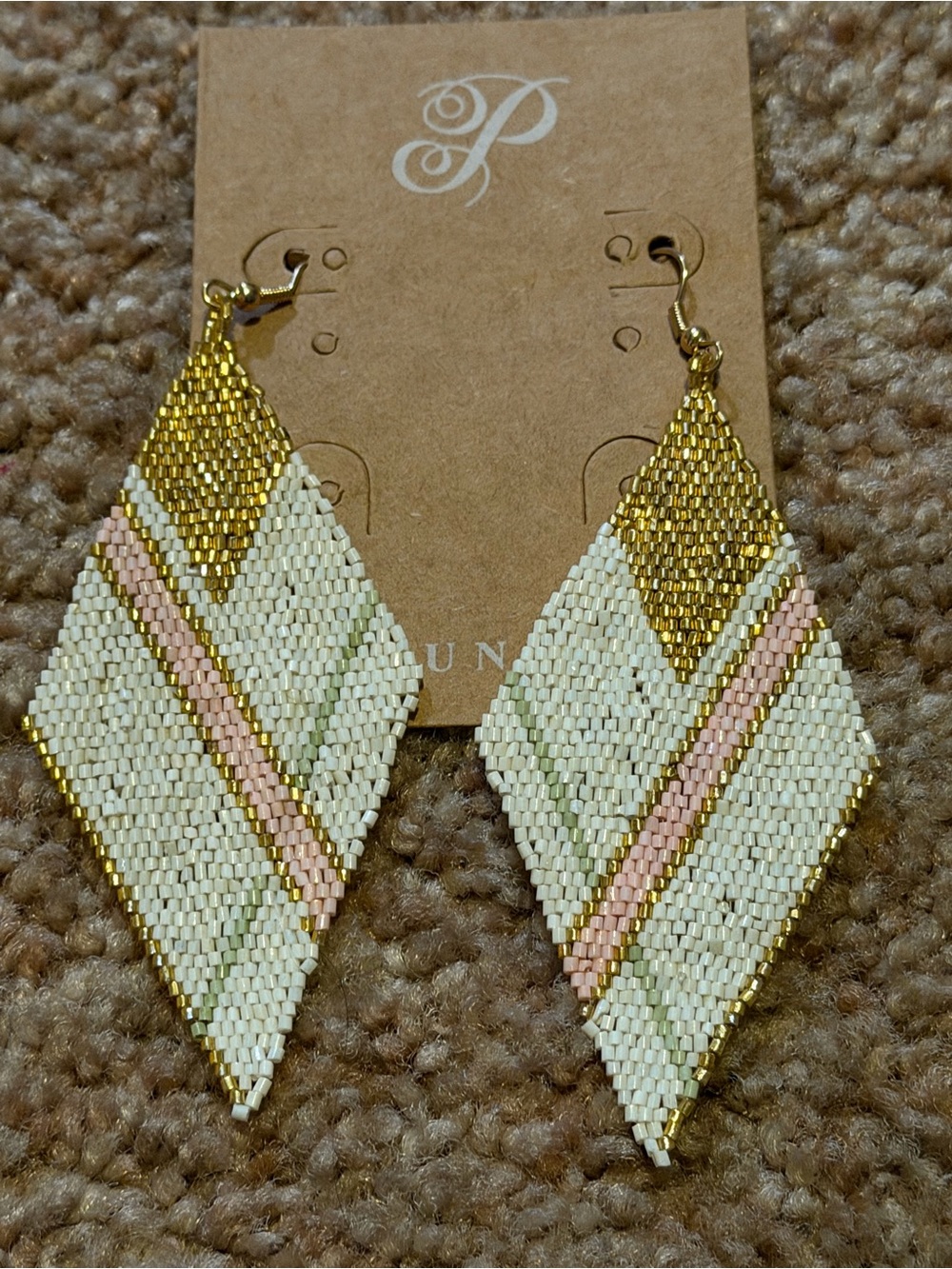 Plunders-Beaded Diamond Drop Earrings - Gold, Cream & ink